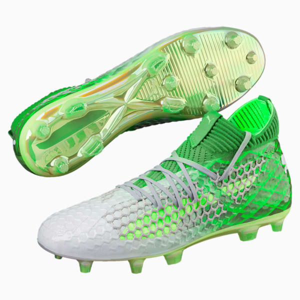 FUTURE 18.1 NETFIT On/Off FG/AG Men's Soccer Cleats, Green Gecko-Puma White-Gray Violet, extralarge