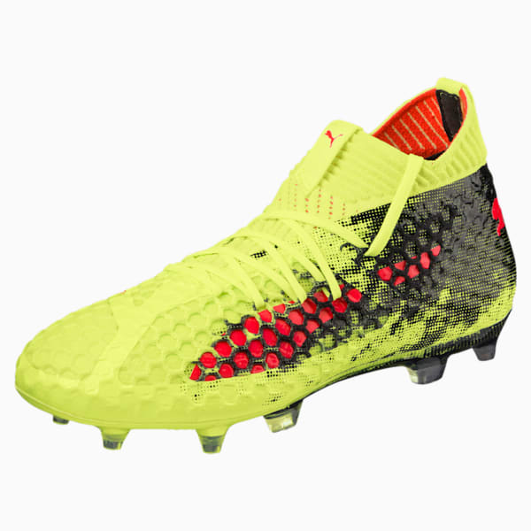 FUTURE 18.1 NETFIT FG/AG Soccer Cleats JR, Fizzy Yellow-Red Blast-Puma Black, extralarge