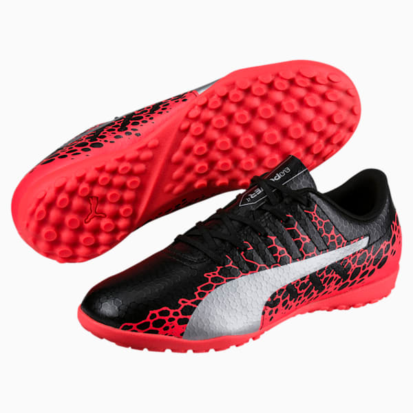 evoPOWER Vigor 4 Graphic TT Kids' Football Boots, Black-Silver-Fiery Coral, extralarge-IND
