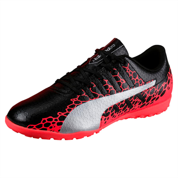 evoPOWER Vigor 4 Graphic TT Kids' Football Boots, Black-Silver-Fiery Coral, extralarge-IND