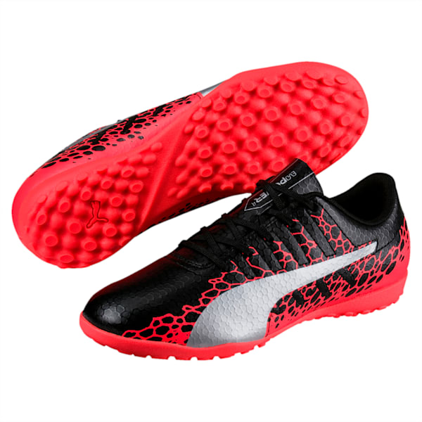 evoPOWER Vigor 4 Graphic TT Kids' Football Boots, Black-Silver-Fiery Coral, extralarge-IND