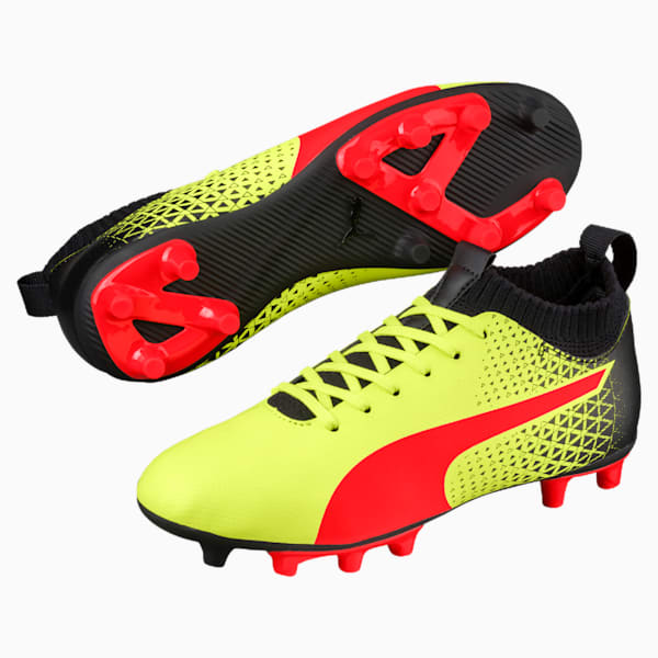 evoKNIT FG Soccer Cleats JR, Fizzy Yellow-Red Blast-Puma Black, extralarge