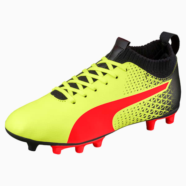 evoKNIT FG Soccer Cleats JR, Fizzy Yellow-Red Blast-Puma Black, extralarge