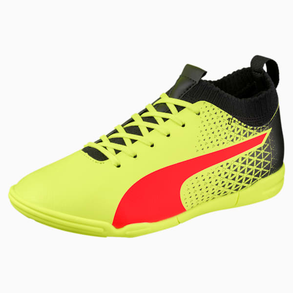 evoKNIT IT Soccer Shoes JR, Fizzy Yellow-Red Blast-Puma Black, extralarge