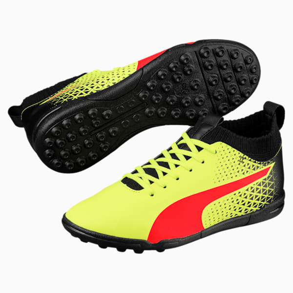 evoKNIT TT Kids' Soccer Shoes, Fizzy Yellow-Red Blast-Puma Black, extralarge