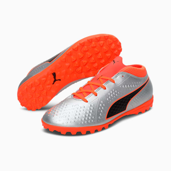 PUMA ONE 4 Synthetic Youth Football Shoes, Silver-Orange-Black, extralarge-IND