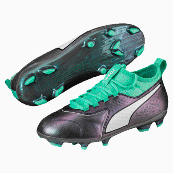 PUMA ONE 3 IL Lth FG Soccer Cleats JR, Color Shift-Biscay Green-Puma White-Puma Black, extralarge
