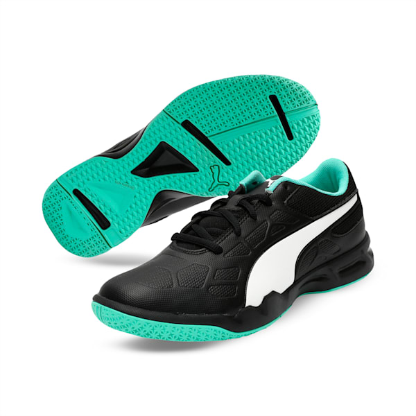 Tenaz Kids' Indoor Teamsport Shoes, Black-White-Green, extralarge-IND