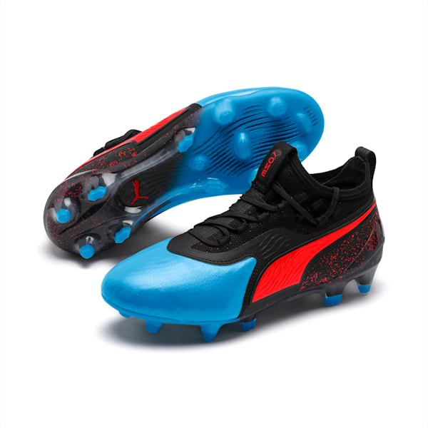 PUMA ONE 19.1 FG/AG Soccer Cleats JR, Bleu Azur-Red Blast-Puma Black, extralarge