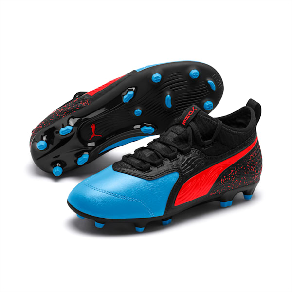 PUMA ONE 19.3 FG/AG Soccer Cleats JR, Bleu Azur-Red Blast-Black, extralarge