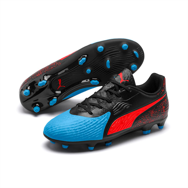 PUMA ONE 19.4 FG/AG Soccer Cleats JR, Bleu Azur-Red Blast-Puma Black, extralarge