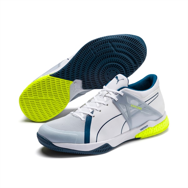 Explode XT Hybrid 2 Handball Indoor Shoes, Puma White-Grey Dawn-Safety Yellow-Gibraltar Sea, extralarge-IND
