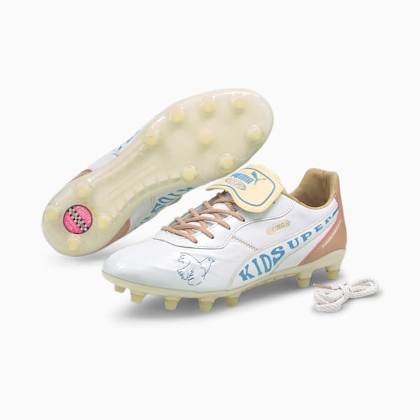PUMA x KIDSUPER STUDIOS King FG Men's Soccer Cleats, Puma White-Mellow Yellow-Misty Rose-Team Light Blue, extralarge
