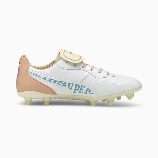 PUMA x KIDSUPER STUDIOS King FG Men's Soccer Cleats, Puma White-Mellow Yellow-Misty Rose-Team Light Blue, extralarge