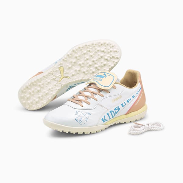 PUMA x KIDSUPER STUDIOS King TT Men's Soccer Shoes, Puma White-Mellow Yellow-Misty Rose-Team Light Blue, extralarge