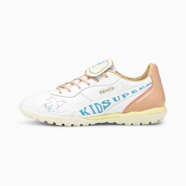 PUMA x KIDSUPER STUDIOS King TT Men's Soccer Shoes, Puma White-Mellow Yellow-Misty Rose-Team Light Blue, extralarge