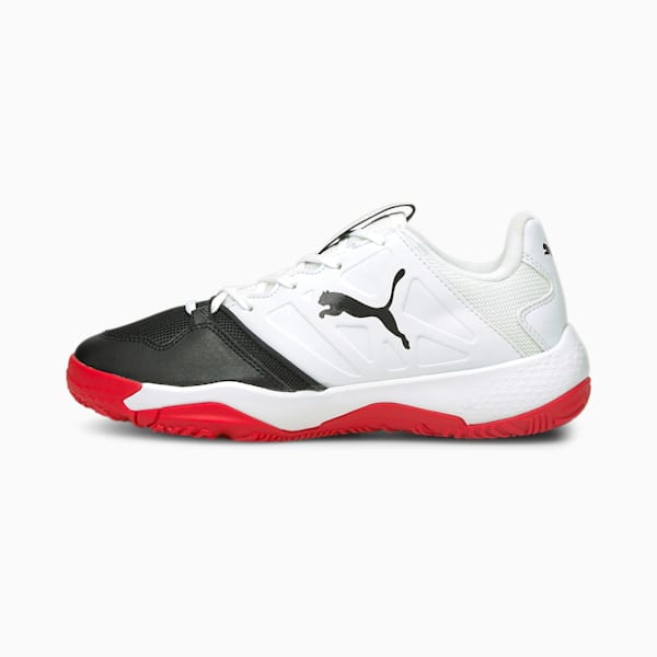 Accelerate Turbo Youth Indoor Sports Shoes, Puma White-Puma Black-High Risk Red, extralarge-IND