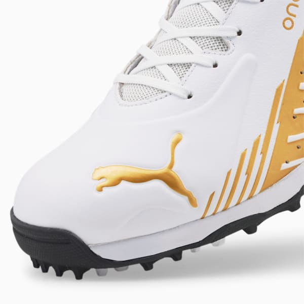 PUMA x one8 22 FH Rubber Unisex Cricket Shoes, Puma White-Gold-Puma Black, extralarge-IND