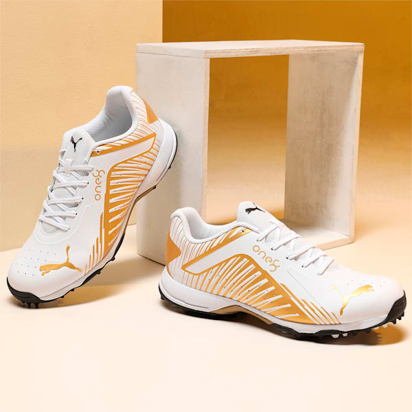 PUMA x one8 22 FH Rubber Unisex Cricket Shoes, Puma White-Gold-Puma Black, extralarge-IND