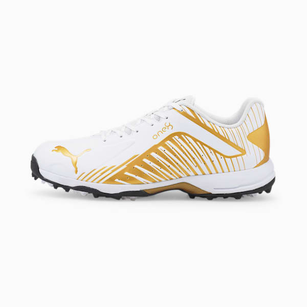 PUMA x one8 22 FH Rubber Unisex Cricket Shoes, Puma White-Gold-Puma Black, extralarge-IND