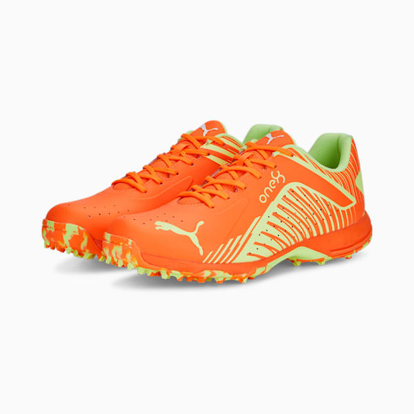 PUMA x one8 22 FH Rubber Unisex Cricket Shoes, Ultra Orange-Fast Yellow, extralarge-IND