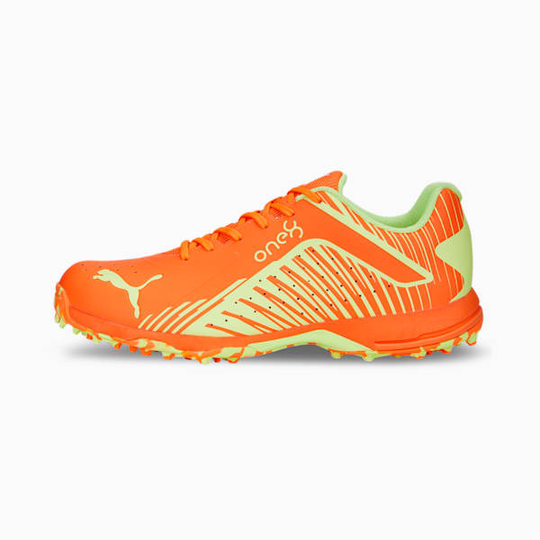 PUMA x one8 22 FH Rubber Unisex Cricket Shoes, Ultra Orange-Fast Yellow, extralarge-IND