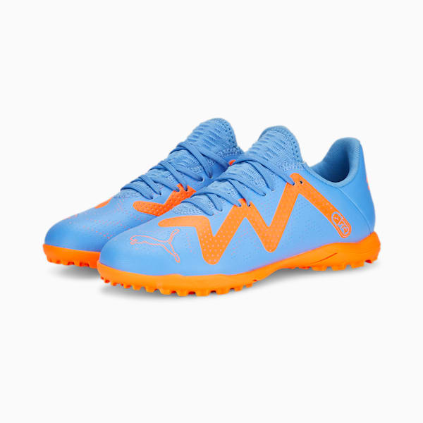 FUTURE Play TT Big Kids' Soccer Cleats, Blue Glimmer-PUMA White-Ultra Orange, extralarge