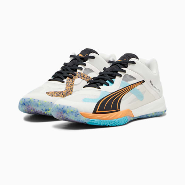 PUMA x FIRST MILE Accelerate NITRO SQD Handball Shoes, Warm White-PUMA Black-Bright Melon-Team Aqua, extralarge-GBR