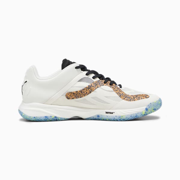PUMA x FIRST MILE Accelerate NITRO SQD Handball Shoes, Warm White-PUMA Black-Bright Melon-Team Aqua, extralarge-GBR