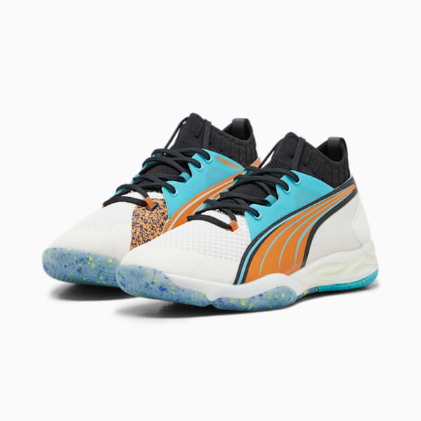 PUMA x FIRST MILE Eliminate Nitro SQD Handball Shoes, Warm White-PUMA Black-Bright Melon-Team Aqua, extralarge-GBR