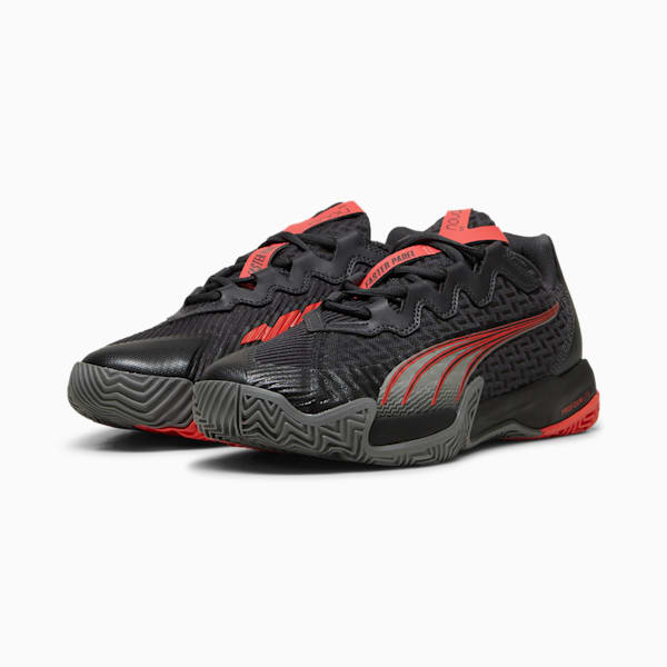 NOVA Elite Court Shoes, Flat Dark Gray-PUMA Black-Flat Medium Gray-Active Red, extralarge