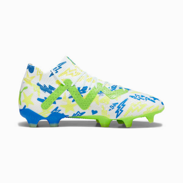 FUTURE ULTIMATE Neymar Jr FG/AG Men's Soccer Cleats, PUMA White-Racing Blue-Lemon Meringue-Parakeet Green, extralarge