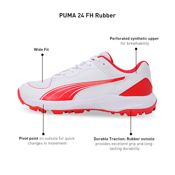 PUMA 24 FH Rubber Unisex Cricket Shoes, PUMA White-PUMA Red, extralarge-IND