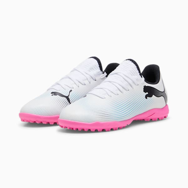 Tacos de fútbol juvenil FUTURE 7 PLAY TT, PUMA White-PUMA Black-Poison Pink, extralarge