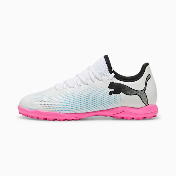 FUTURE 7 PLAY Turf Training Big Kids' Soccer Cleats, PUMA White-PUMA Black-Poison Pink, extralarge