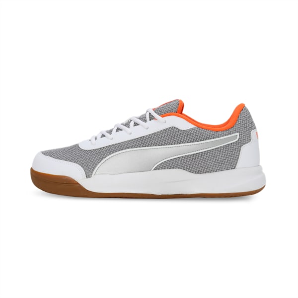 PUMA Shuttle Aero Unisex Indoor Sports Shoes, Rickie Orange-Puma Silver-PUMA White, extralarge-IND