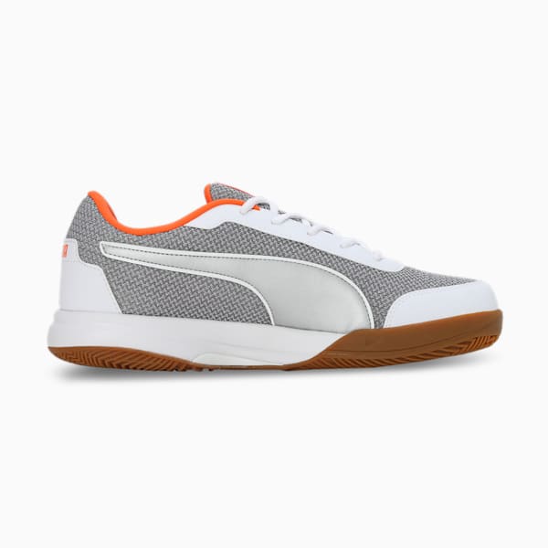 PUMA Shuttle Aero Unisex Indoor Sports Shoes, Rickie Orange-Puma Silver-PUMA White, extralarge-IND
