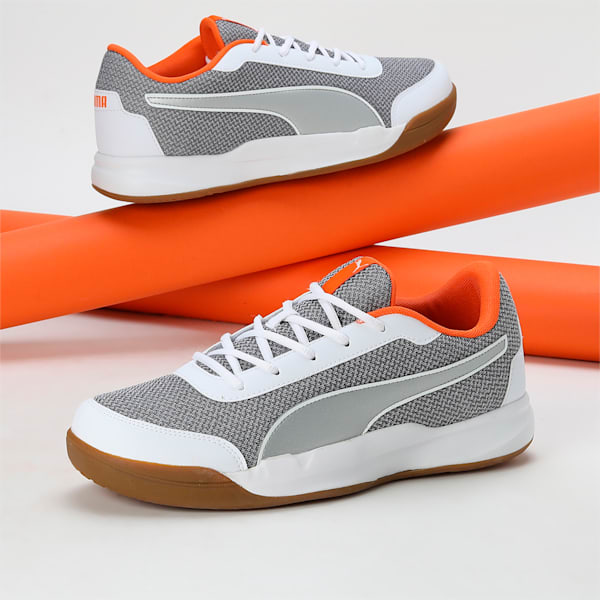 PUMA Shuttle Aero Unisex Indoor Sports Shoes, Rickie Orange-Puma Silver-PUMA White, extralarge-IND