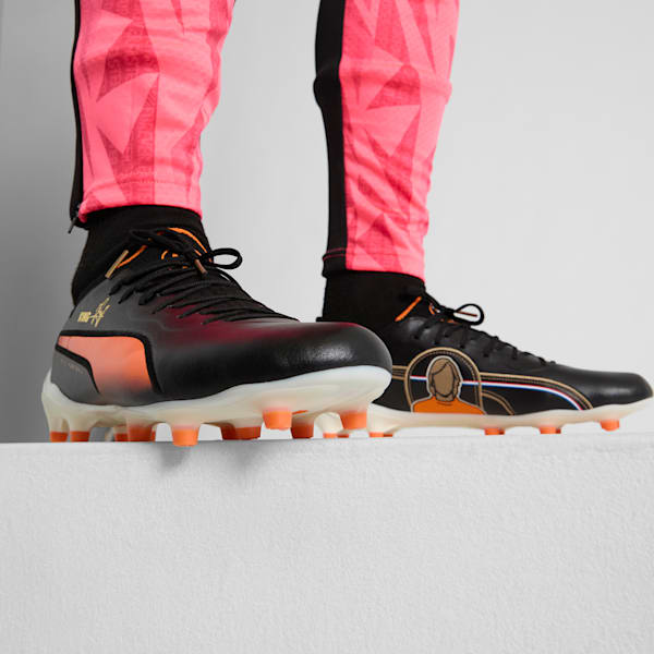KING ULTIMATE Cruyff Firm Ground/Artificial Ground Men's Soccer Cleats, PUMA Black-PUMA White-Rickie Orange-PUMA Gold-Frosted Ivory, extralarge