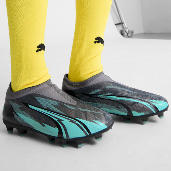 Tacos de futbol sin cordones para niño ULTRA MATCH RUSH, Strong Gray-PUMA White-Elektro Aqua, extralarge