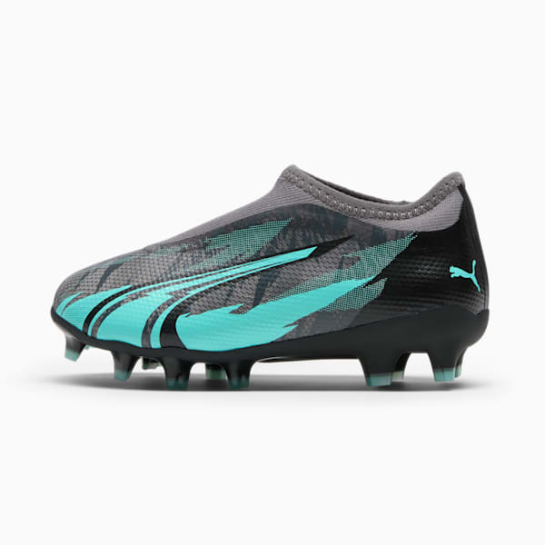 ULTRA MATCH RUSH Laceless Firm Ground/Artificial Ground Kids' Soccer Cleats, Strong Gray-PUMA White-Elektro Aqua, extralarge