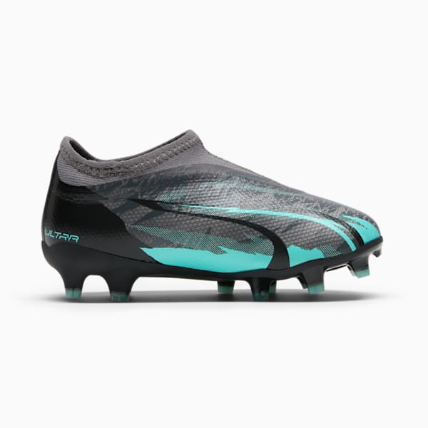 ULTRA MATCH RUSH Laceless Firm Ground/Artificial Ground Kids' Soccer Cleats, Strong Gray-PUMA White-Elektro Aqua, extralarge