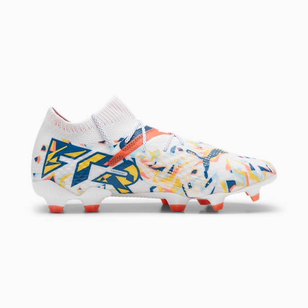 FUTURE 7 ULTIMATE CREATIVITY Firm Ground/Artificial Ground Men's Soccer Cleats, PUMA White-Ocean Tropic-Turquoise Surf-Hot Heat-Sun Stream, extralarge