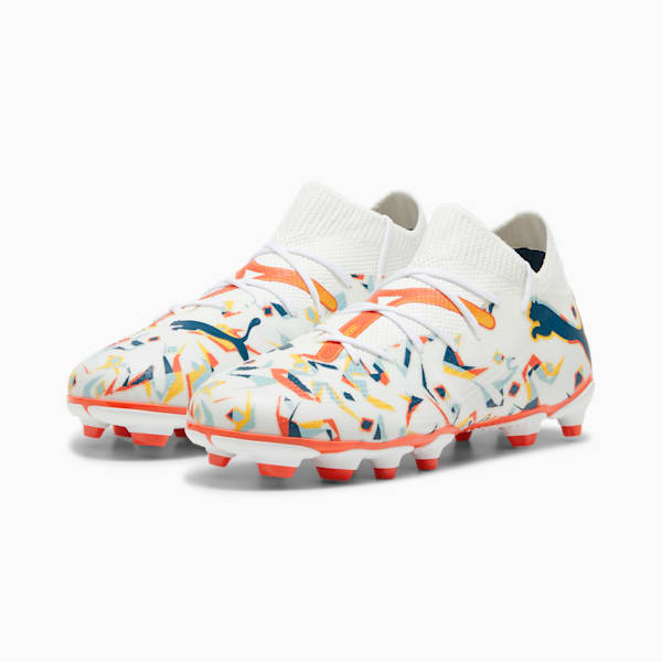 Tacos de futbol para niño FUTURE 7 MATCH CREATIVITY FG/AG, PUMA White-Ocean Tropic-Turquoise Surf-Hot Heat-Sun Stream, extralarge