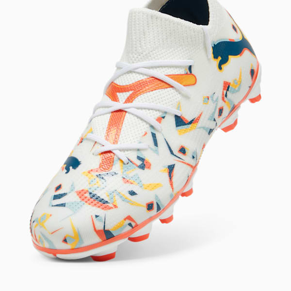 FUTURE 7 MATCH CREATIVITY FG/AG Big Kids' Soccer Cleats, PUMA White-Ocean Tropic-Turquoise Surf-Hot Heat-Sun Stream, extralarge