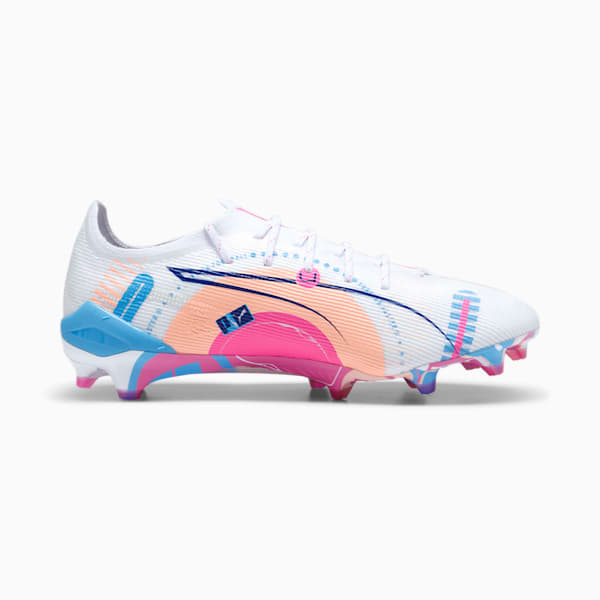 Tacos de fútbol ULTRA 5 ULTIMATE FG, PUMA White-Luminous Blue-Poison Pink-Fizzy Melon, extralarge