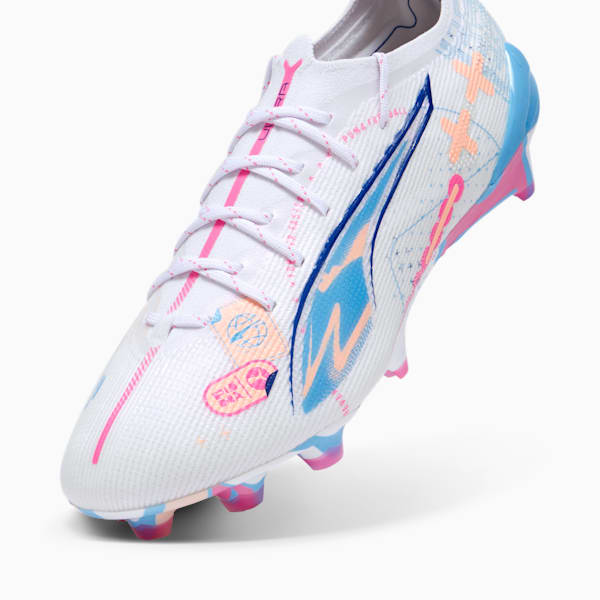Tacos de fútbol ULTRA 5 ULTIMATE FG, PUMA White-Luminous Blue-Poison Pink-Fizzy Melon, extralarge