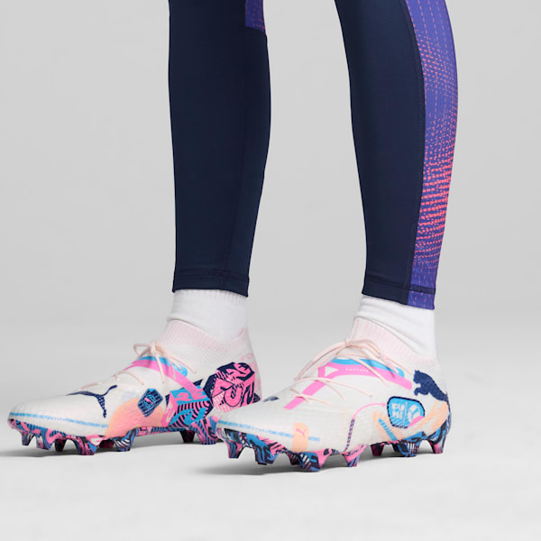 FUTURE 7 ULTIMATE VOLUME UP Firm Ground/Artificial Ground Men's Soccer Cleates, PUMA White-Luminous Blue-Poison Pink-Fizzy Melon-Bluemazing, extralarge