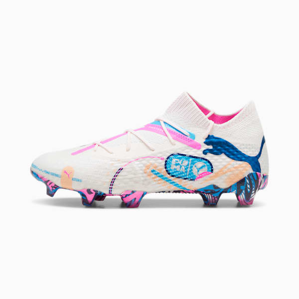 FUTURE 7 ULTIMATE VOLUME UP Firm Ground/Artificial Ground Men's Soccer Cleates, PUMA White-Luminous Blue-Poison Pink-Fizzy Melon-Bluemazing, extralarge