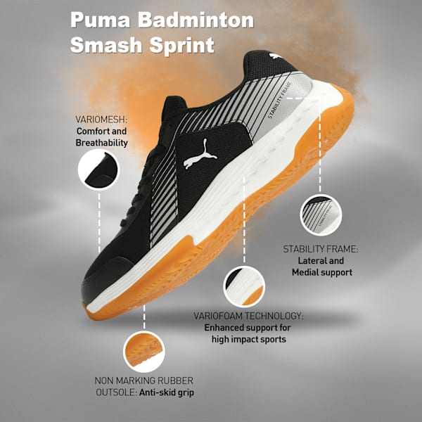 Badminton Smash Sprint Indoor Sports Shoes, PUMA Black-PUMA White-PUMA Silver, extralarge-IND